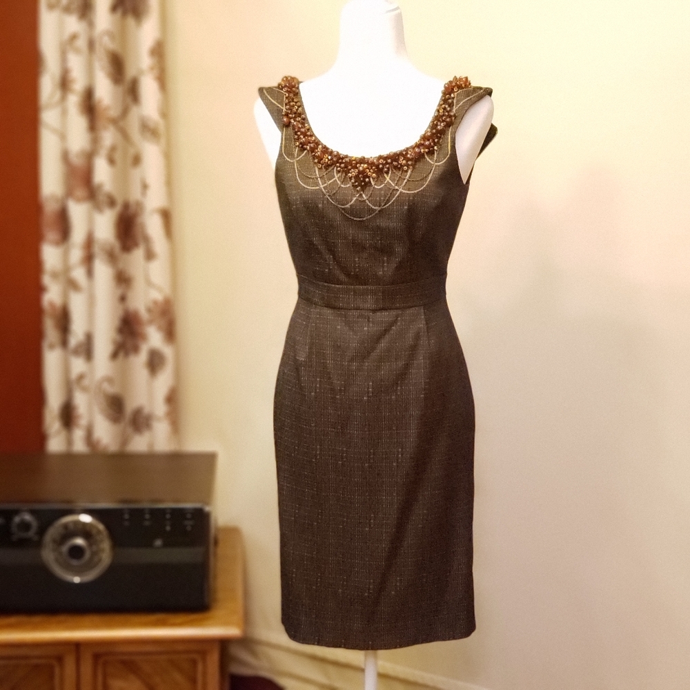 ANTONIO MELANI Brown & Bronze Beaded Neck Sheath Dress